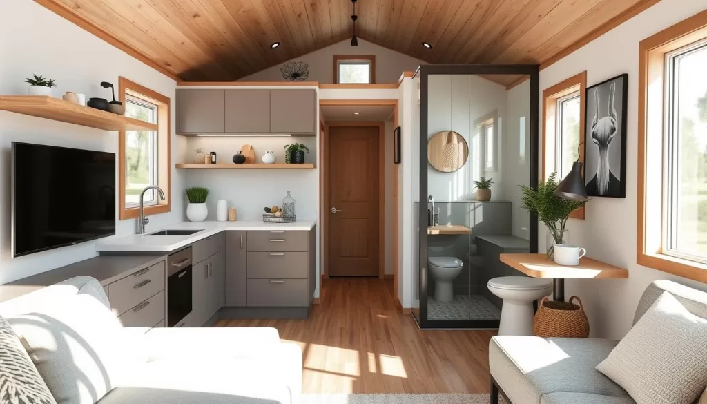 compact living space with bathroom and kitchen