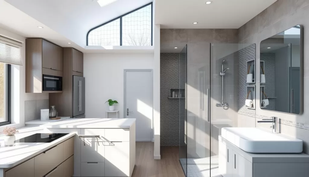 compact two-story home kitchen and bathroom features